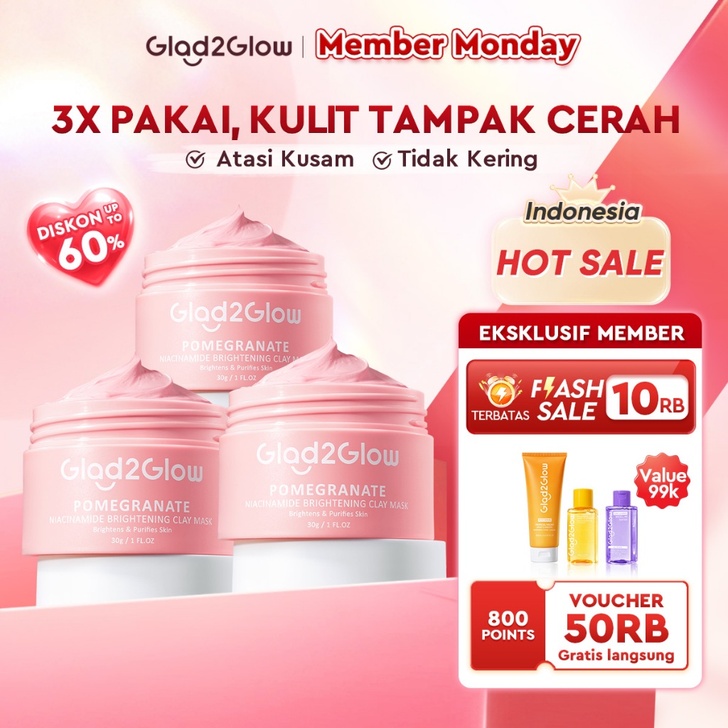 Glad2Glow Pomegranate Niacinamide Brightening Clay Mask Masker Wajah Masker Pencerah Mud Mask Masker
