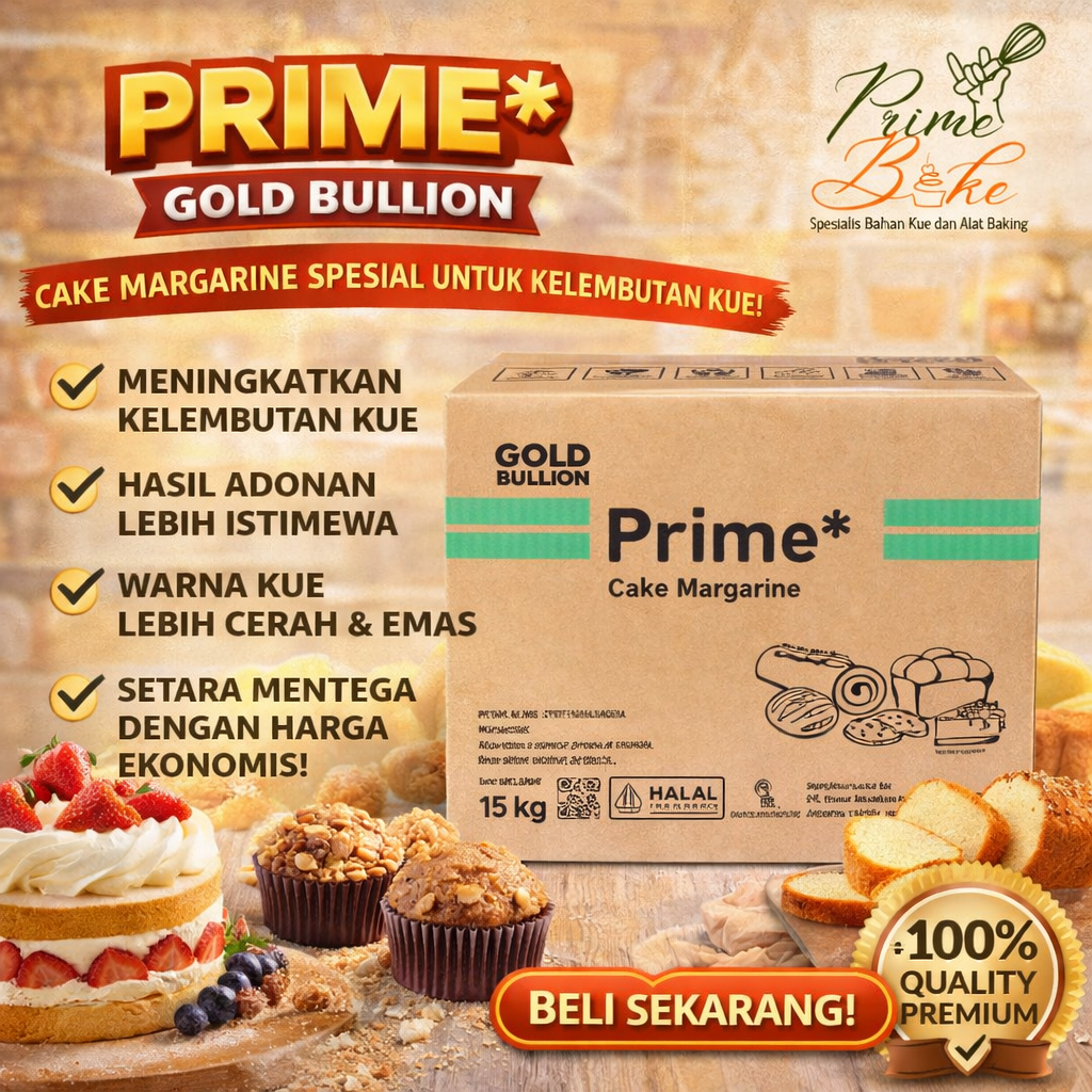 Prime* Gold Bullion Cake Margarine 15kg Halal, Meningkatkan Kelembutan Kue, Warna Emas