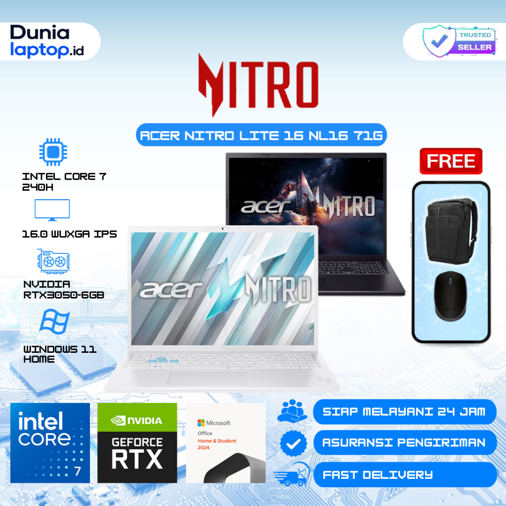 Acer Nitro Lite 16 NL16 71G Intel 7 240H 32GB DDR5 1TB SSD RTX3050-6GB WUXGA IPS 100SRGB 180Hz WIN11