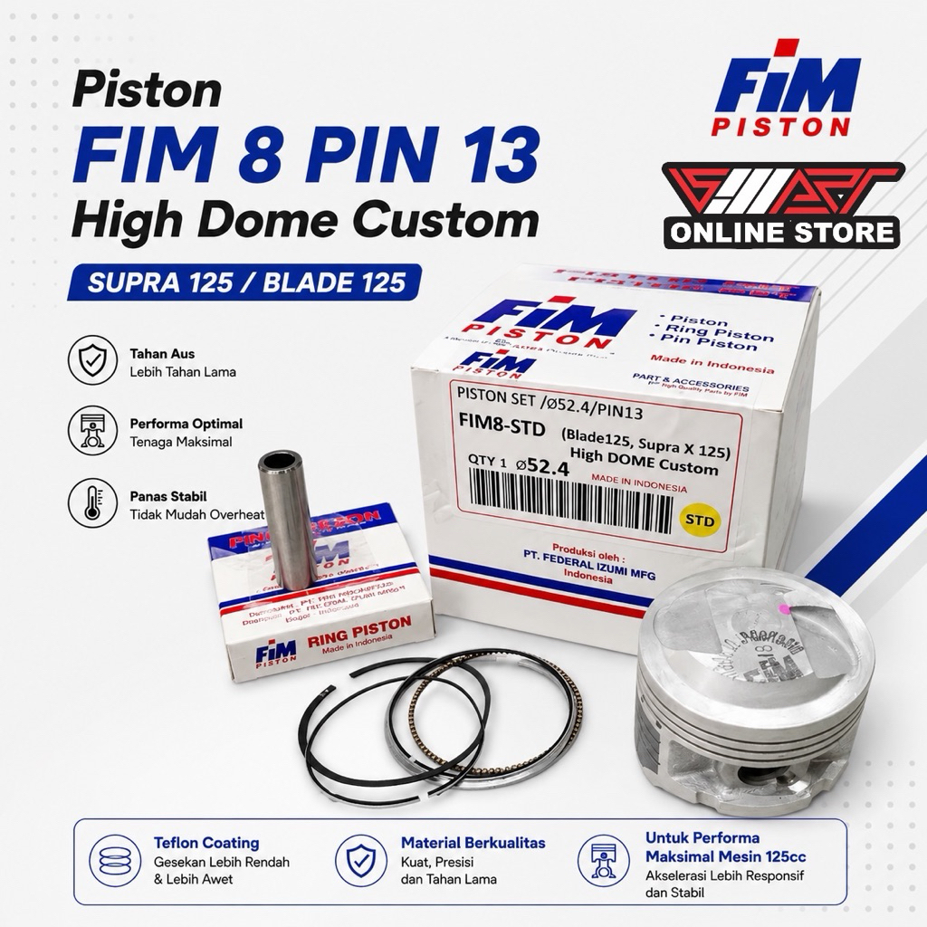 PISTON FIM 8 DOME MENTAH PIN 13 SUPRA 125 , BLADE 125 , KHARISMA , DLL