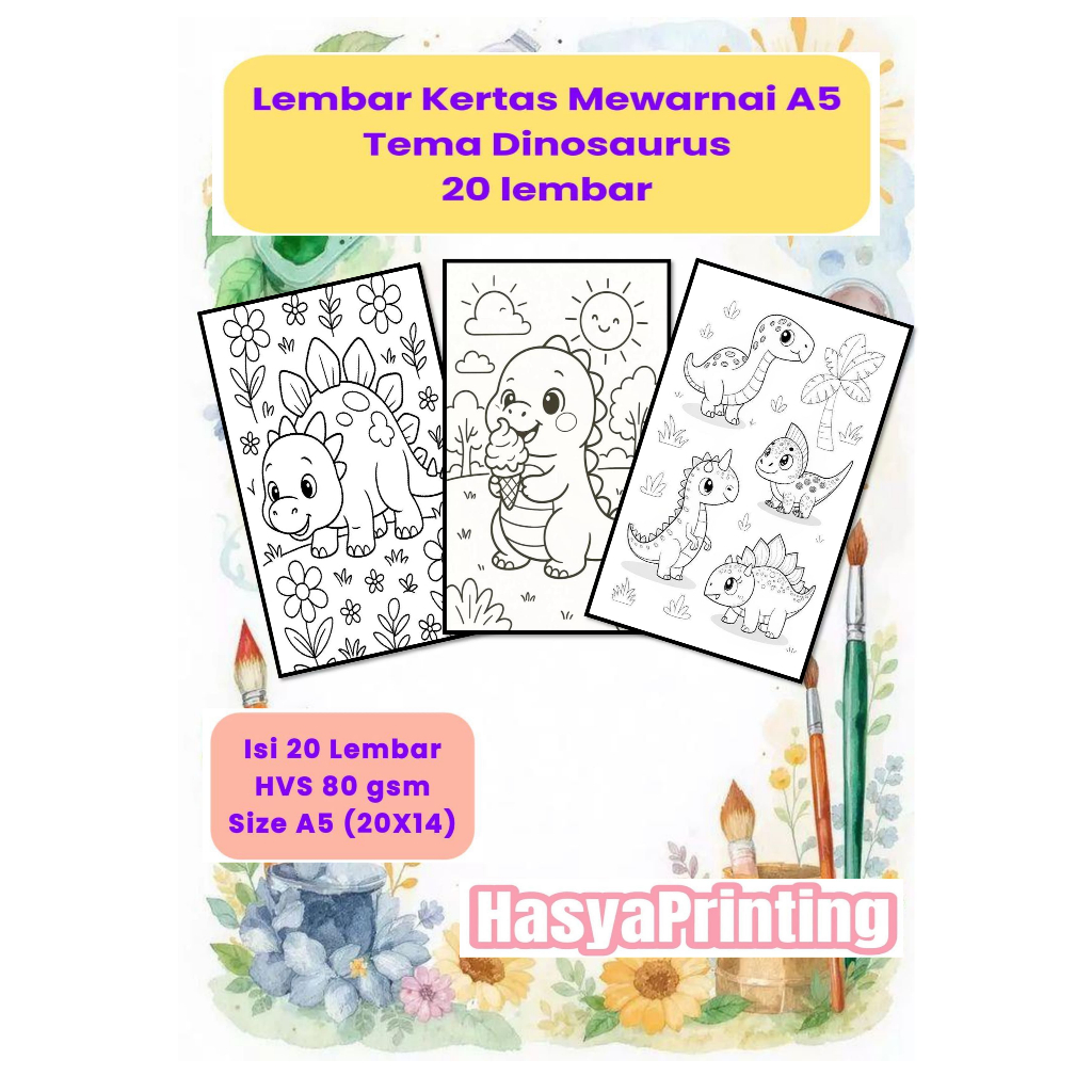 Lembar Kertas Mewarnai A5 DINOSAURUS 20 Lembar