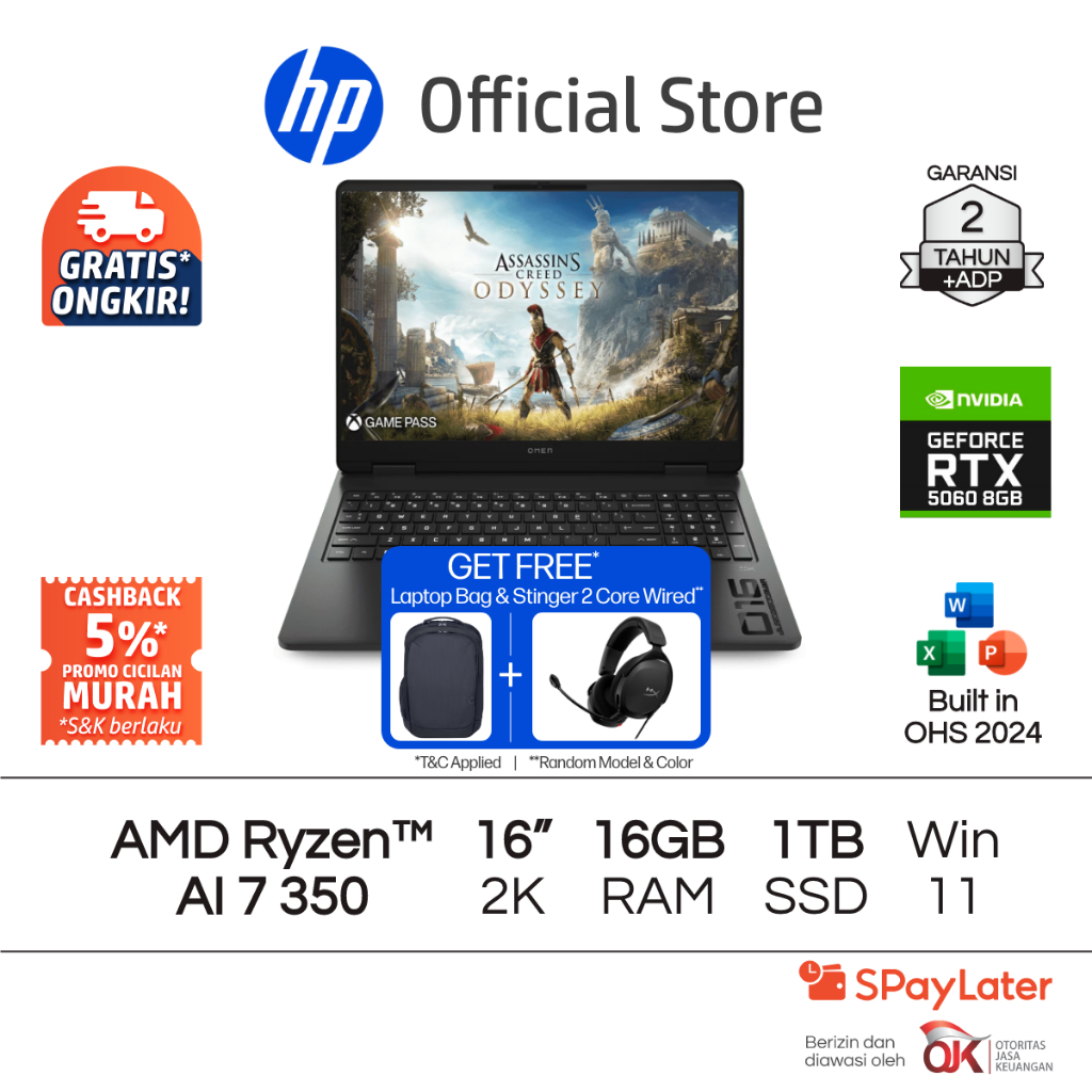 OMEN Laptop Gaming HP AMD Ryzen AI 7 NVIDIA GeForce RTX 5060 16GB RAM 1TB SSD Shadow Black Free Wind