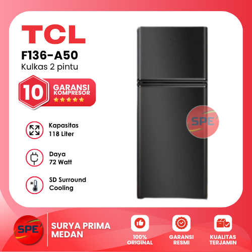 KULKAS 2 PINTU TCL KAPASITAS 118 LITER F136-A50 ( GARANSI RESMI MEDAN )