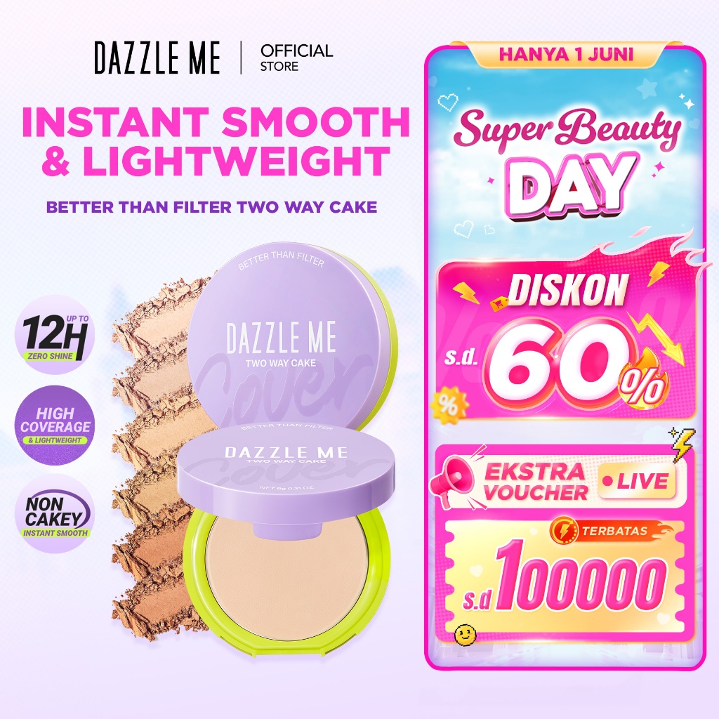 DAZZLE ME Better Than Filter Double Kill Two Way Cake Pressed Powder Matte Bedak Padat Compact Powde