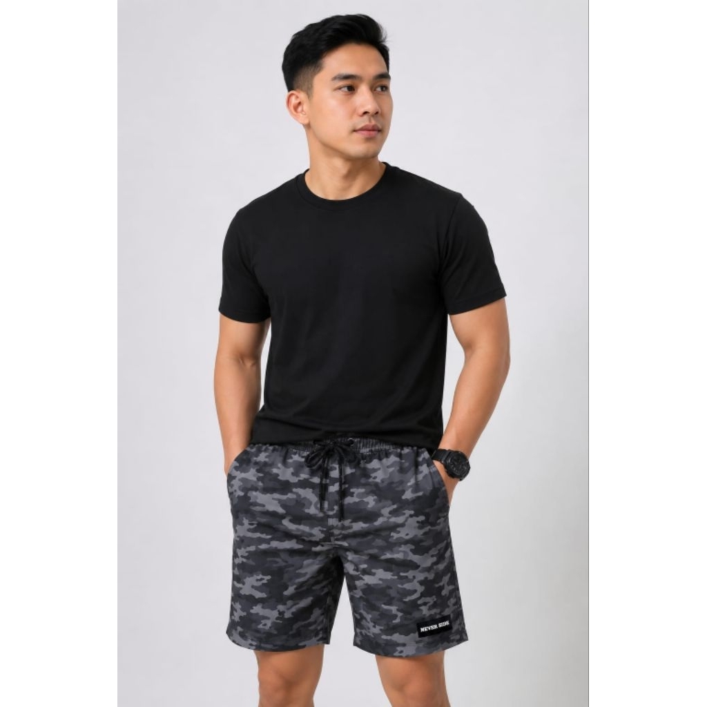 NEVER SIDE - Celana Boardshort Pria Loreng Army