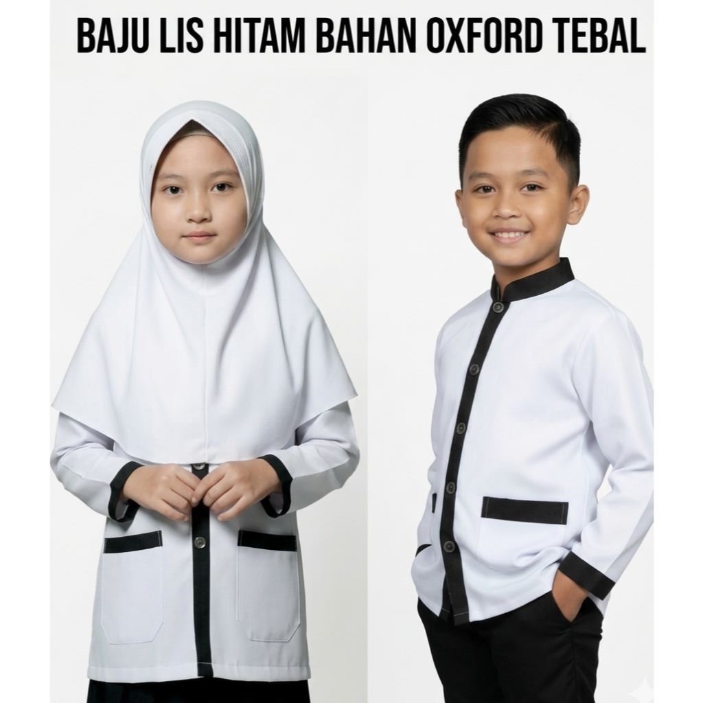 BAJU SEKOLAH SD MI MDA MADRASAH PUTIH LIS HITAM-BAJU SERAGAM MADRASAH PUTIH STRIP HITAM -BAJU SEKOLA
