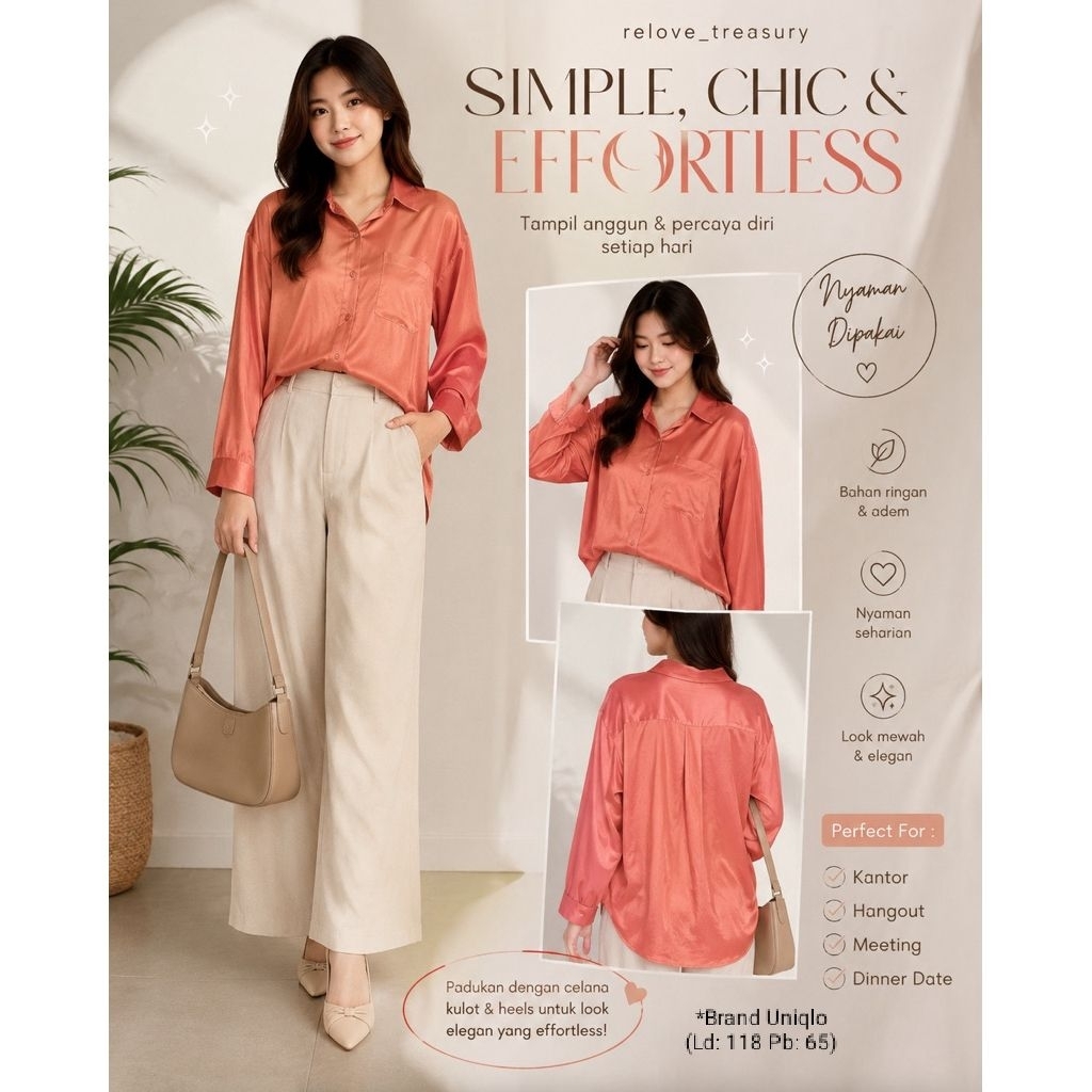 Kemeja Satin Silk Blouse Wanita Lengan Panjang Uniqlo Look Mewah Elegan (Nego yang wajar, baca deskr