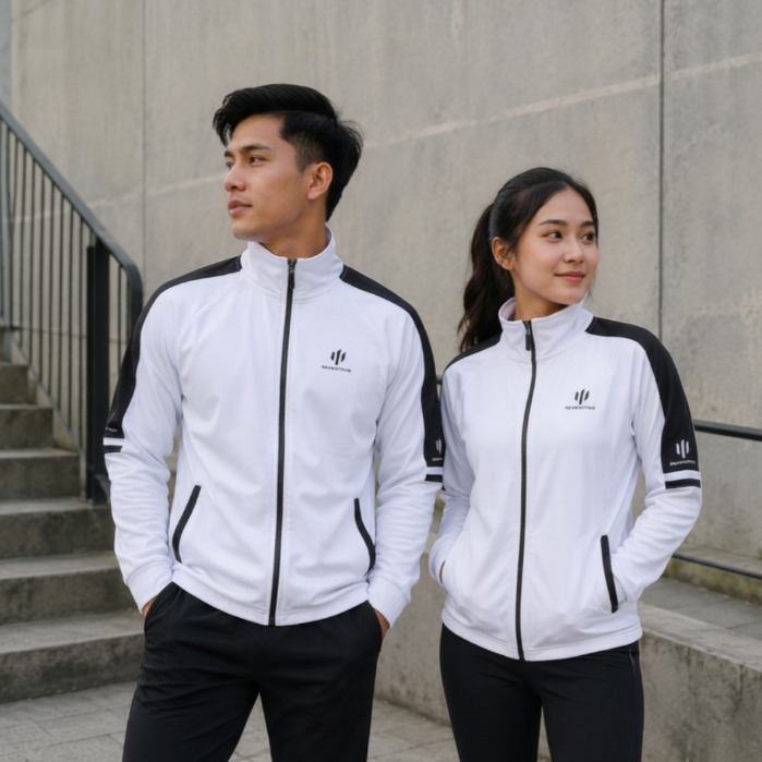 jaket tracktop casual & sport pria wanita dewasa putih kombinasi hitam bahan diadora taiwan premium