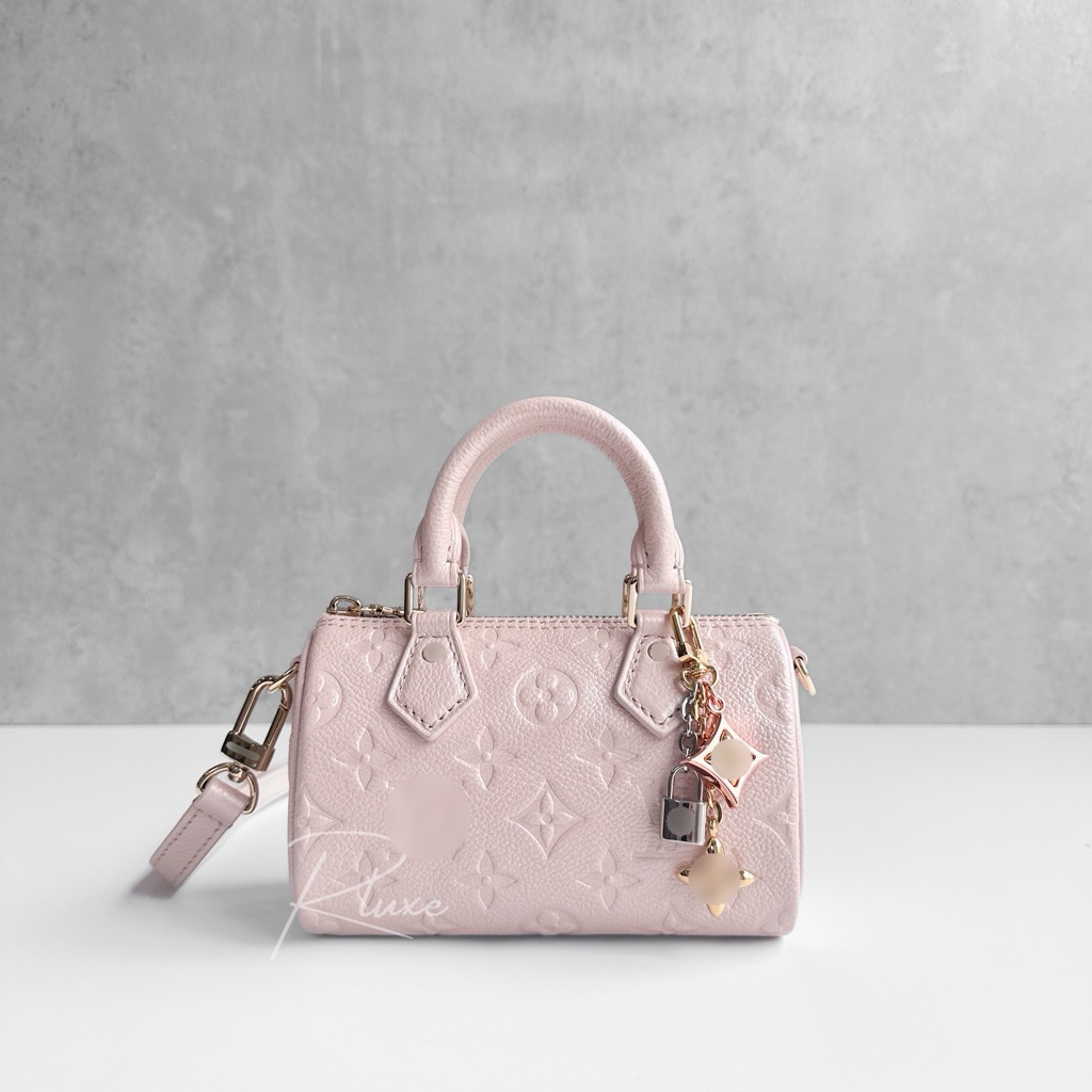 [Ready Stock] Tas Wanita RoyaleLuxe Nano Speedy Bag in Snowy Pearl Monogram Shimmery Leather