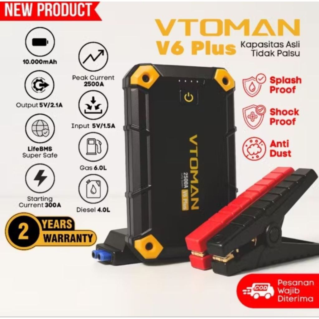 VTOMAN ORI - Vtoman V6 Plus 10000Mah Jump Stater Aki Mobil Aki Motor Power Bank Jumper..