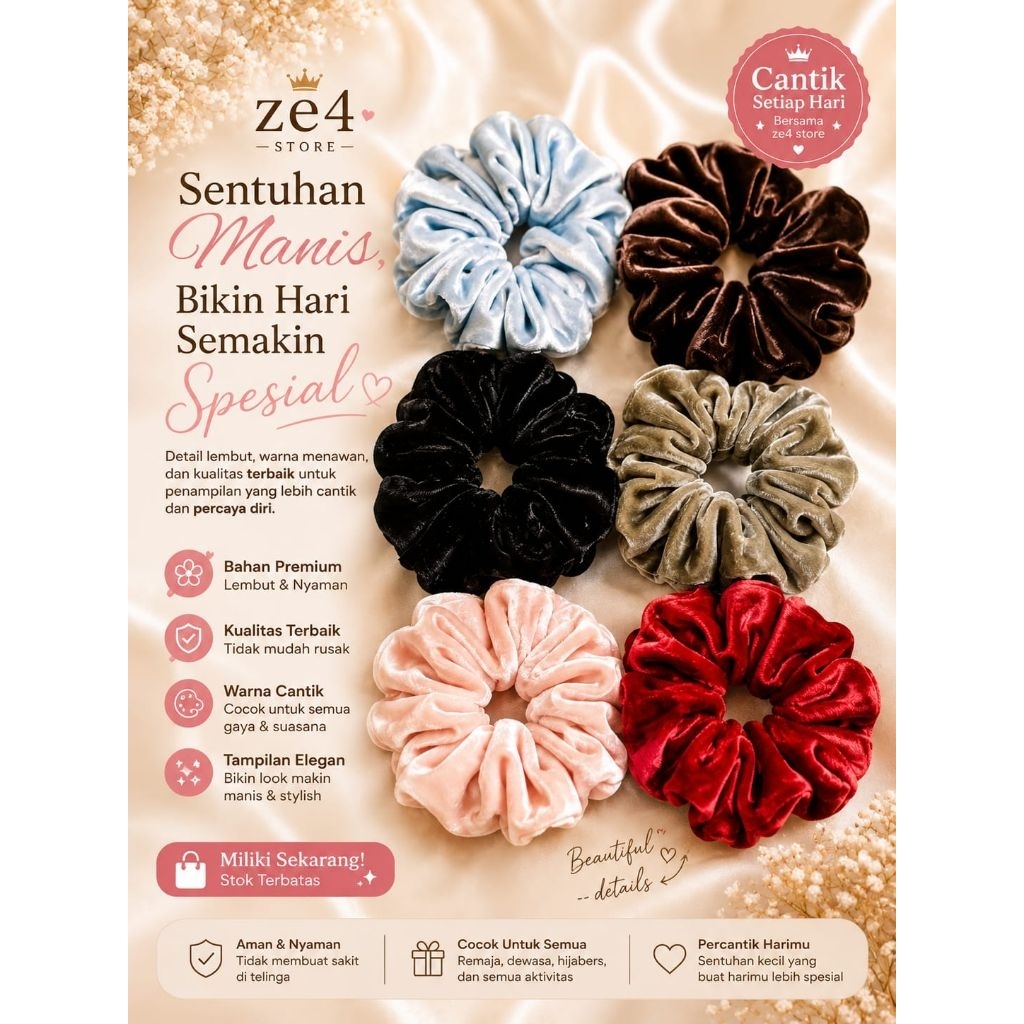 Kunciran Rambut Cepol Scrunchie Bludru Premium | Ikat Rambut Velvet Jumbo Lembut, Adem & Elegan
