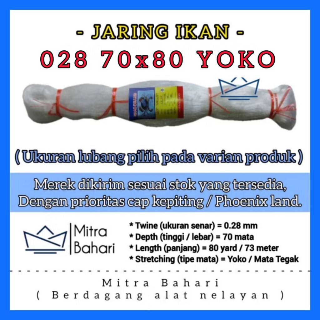 JARING SENAR 028 70X80 YOKO (MATA BERDIRI) JARING IKAN SENAR 028 / PUKAT 028 / JARING IKAN COD / PUK