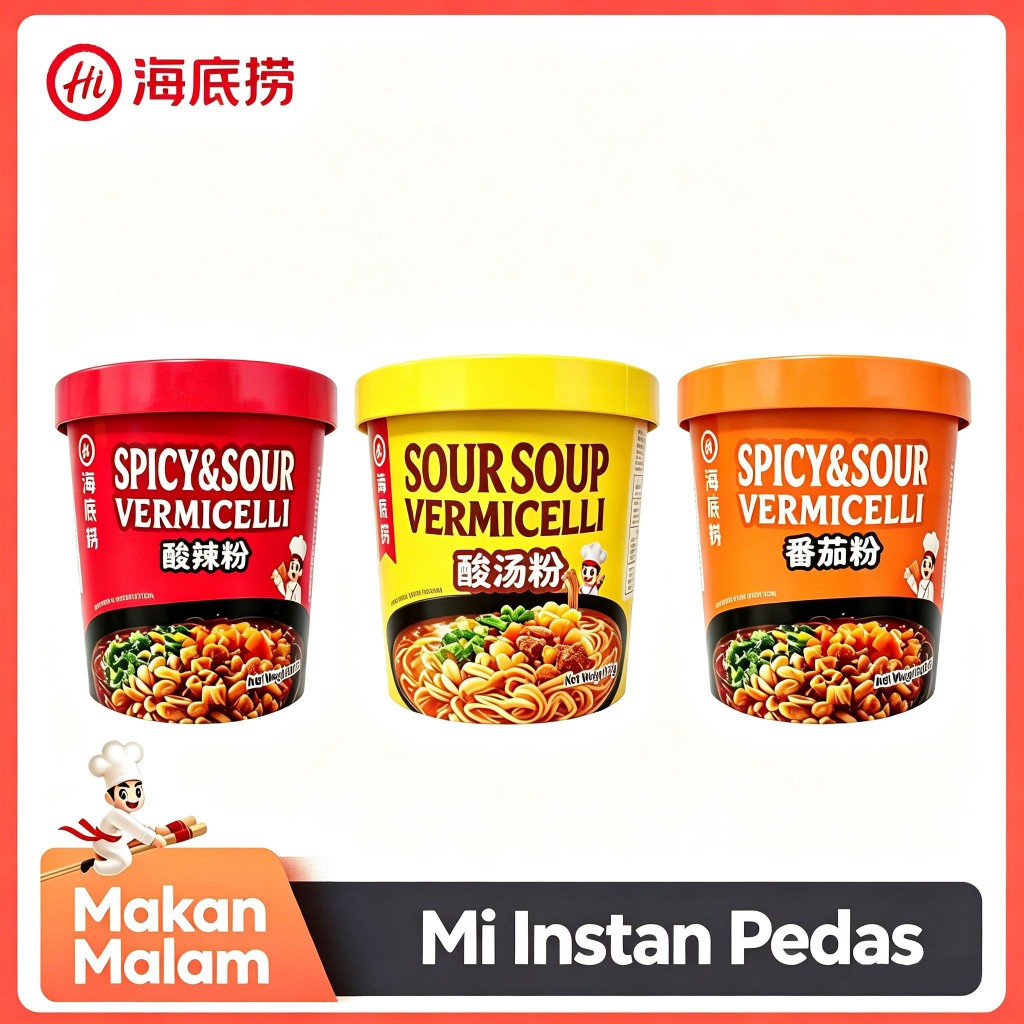 Haidilao Vermicelli Instan Cup - Bihun Pedas Asam 3 Varian Rasa (Spicy & Sour, Sour Soup, Tomat) - P