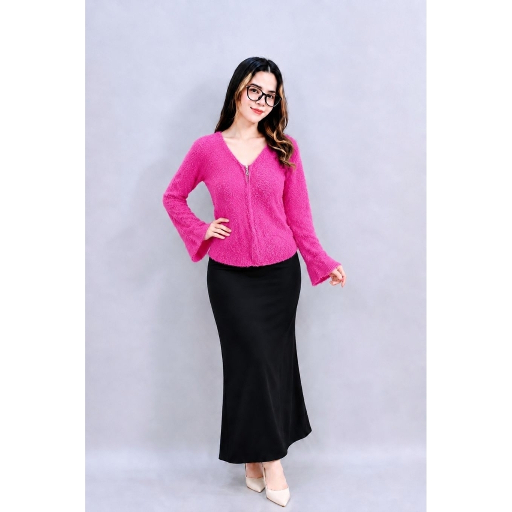 Sweater Cardigan Rajut Bulu Premium Wanita | Fluffy Knit Zipper Korean Style