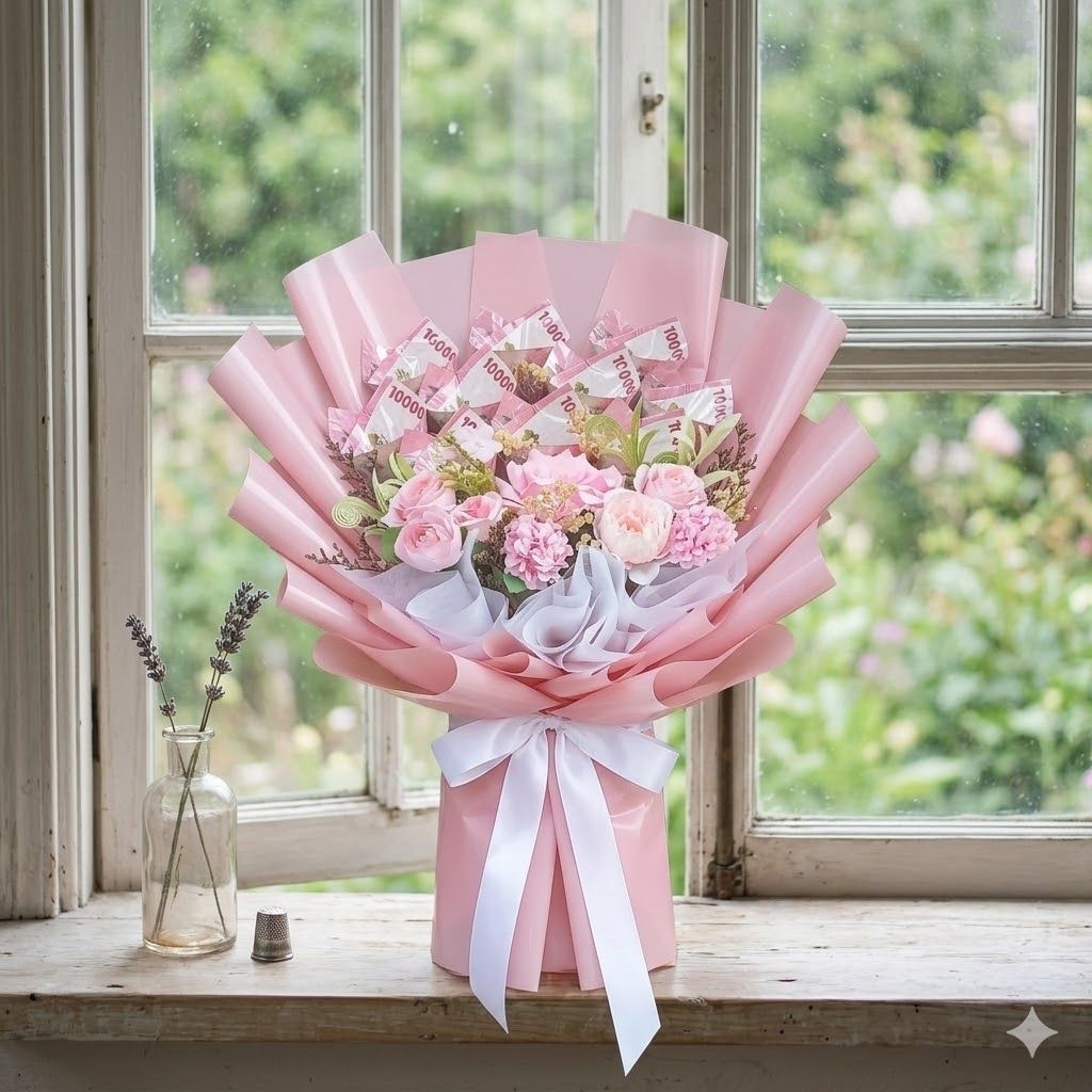 Buket uang pecahan 100k 10 lembar + Bunga