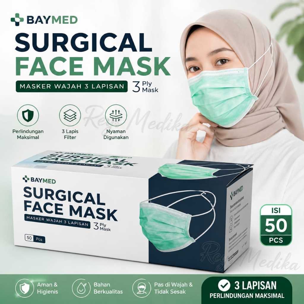 MASKER HIJAB BAYMED 3 ply - Masker Headloop Baymed HIJAU isi 50pcs