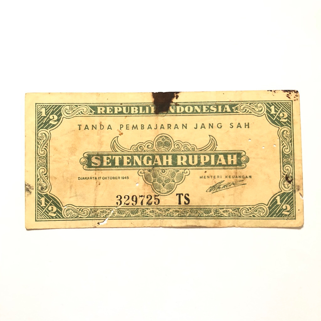 Uang Kertas Kuno 1/2 , Setengah Rupiah Seri ORI Tahun 1945 Kondisi fine Original Koleksi Nostalgia