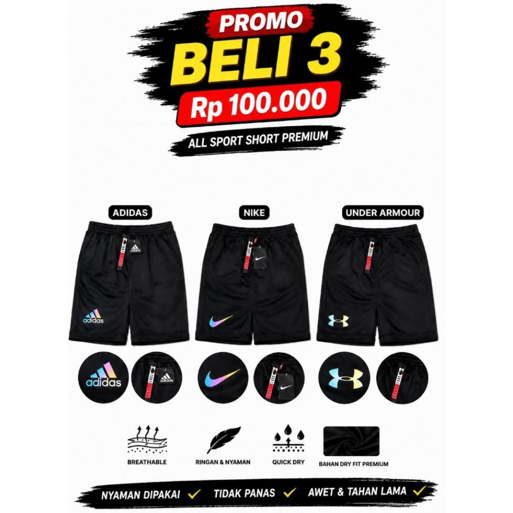 100 Ribu Dapat 3 Celana Pendek Unisex Premium