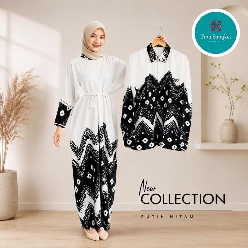 Baju Couple Jumputan Viscose | Gamis Sarimbit Keluarga Lebaran | Tina Songket Putih Elegan