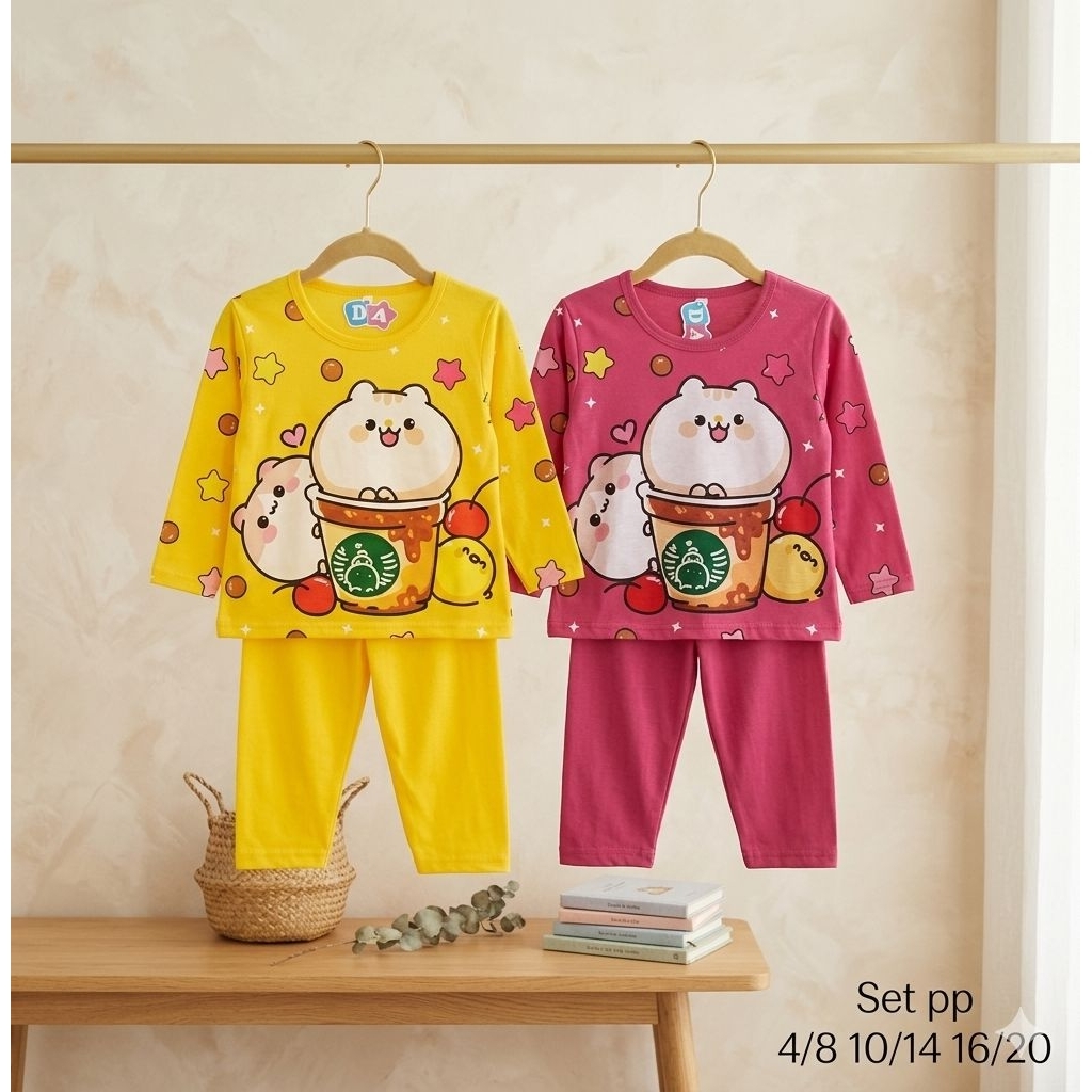 SETELAN DEDINA 4/8 MOTIF GESER WARNA RANDOM PP PANJANG PANJANG BAJU TIDUR ANAK PEREMPUAN