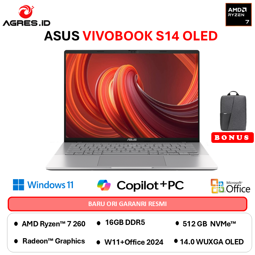 Asus Vivobook S14 Oled M3407HA AMD Ryzen 7 260 - RAM 32GB 512GB W11+OHS 14.0WUXGA - OLED7151M