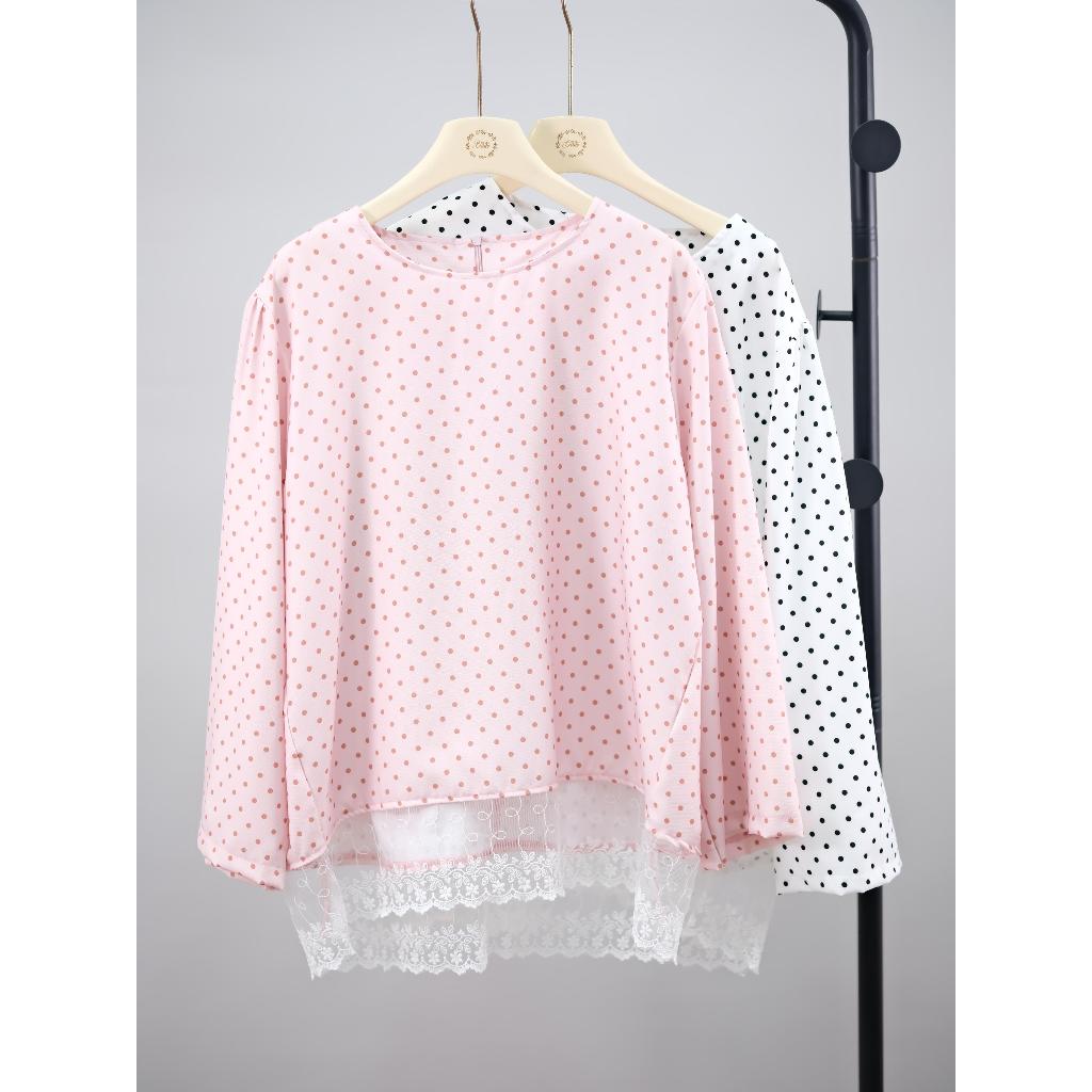 Blouse Polkadot Lace Korean Look / Atasan Wanita Polkadot Kombinasi Renda Vintage