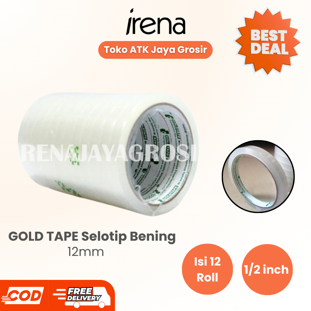 GOLD TAPE Selotip Bening 12mm 1/2 inch Solasi 12 Roll