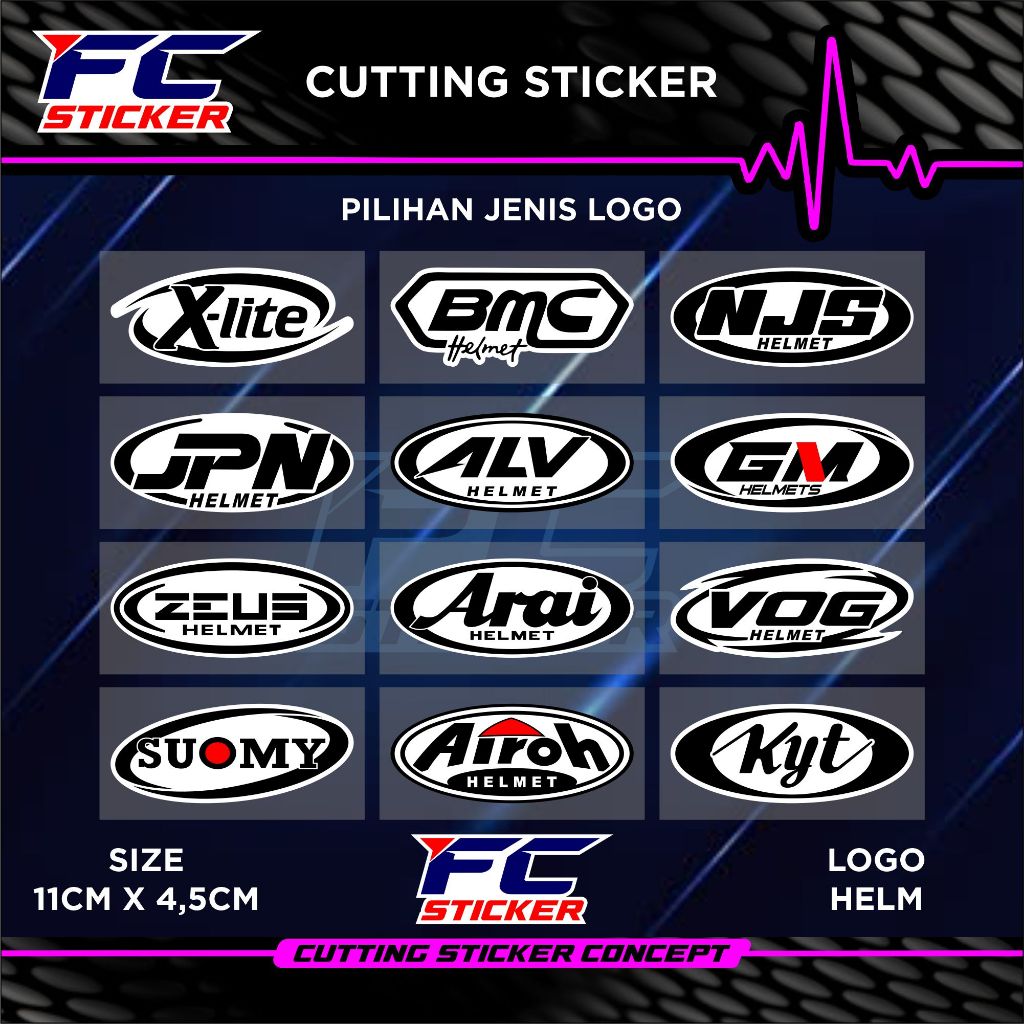 Cutting Sticker Logo/Emblem Merk Helm VOG / BMC / NJS / X-LITE / JPN / ALV/ GM / ZEUS / ARAI / SUOMY