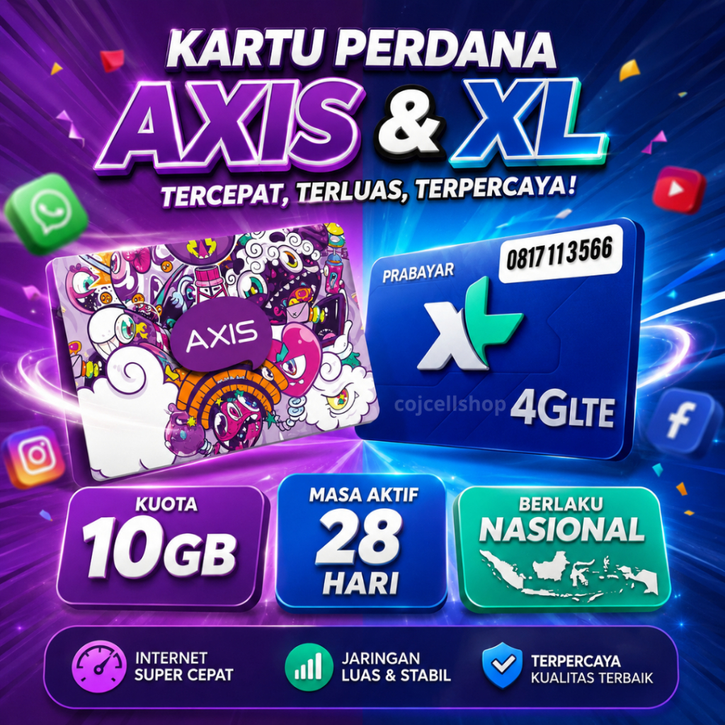 Kartu Perdana XL 10GB 28 Hari SEGEL - Kartu Perdana Axis 10GB 28 Hari SEGEL -  Kuota Flex Mini 24 Ja