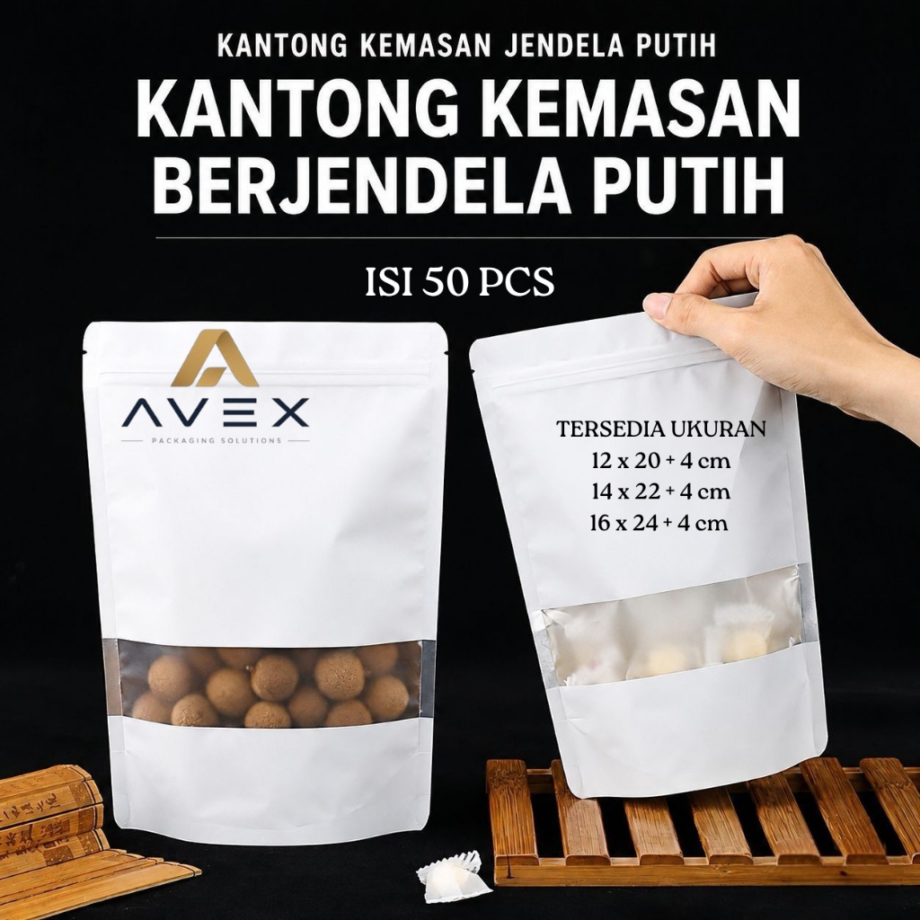 ISI 50 PCS Standing Pouch Ziplock Warna Putih Doff KEMASAN ZIPLOCK STANDING POUCH WINDOW