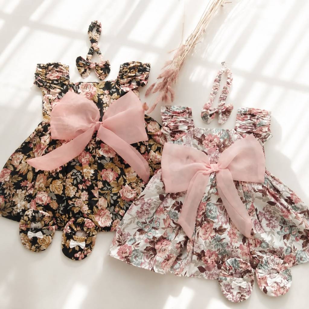 Baju Dress Bandana Sepatu Anak Bayi Perempuan Cewek Pita Kaca Set