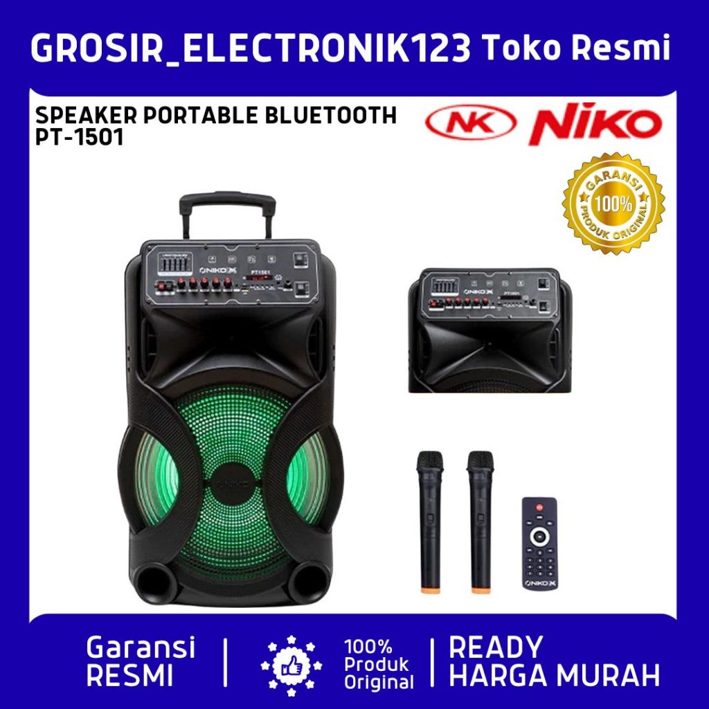 NIKO SPEAKER PORTABLE TROLY 15 INCH PT-1501 SLANK BONUS 2 MIC - PT1501