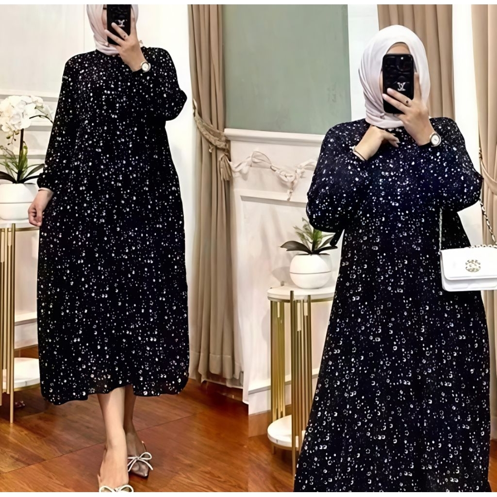 NEW GAMIS MIDI DRESS PREMIUM IMPORT TERBARU MOTIF BUNGA CANTIK/MIDI DRESS RAYON WANITA DEWASA JUMBO 