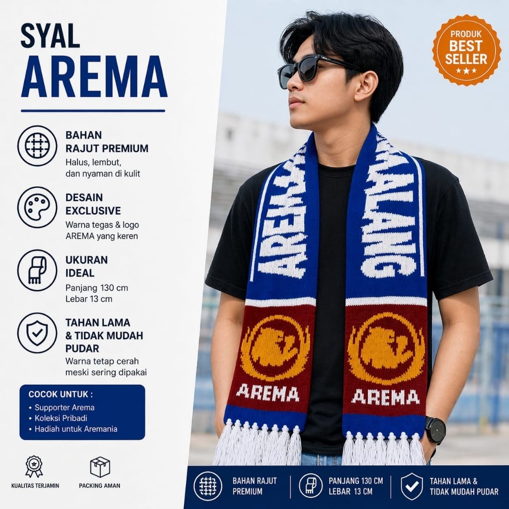Syal Arema Rajut Premium 130x13cm | Syal Bola Aremania Knit Tebal Halus | Scarf Arema Malang Support