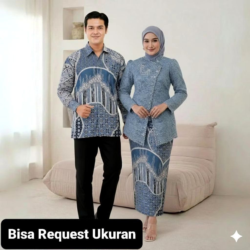 SET KEBAYA JANGGAN DENIM ORI COUPLE KEMEJA PREMIUM CUSTOM ANAK & JUMBO / BAJU SETELAN SERAGAM BATIK 