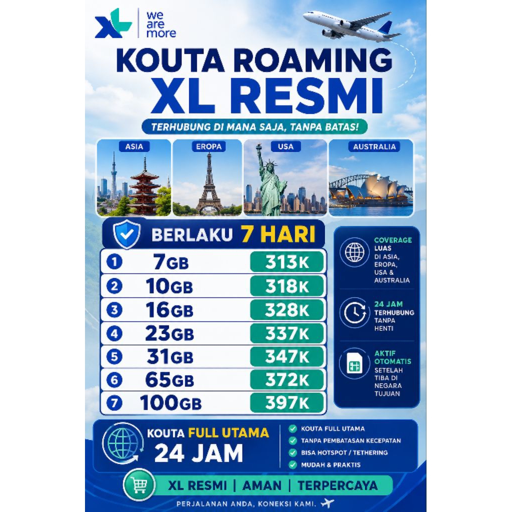 PAKET ROAMING XL ASIA, EROPA, USA & AUSTRALIA ️Garansi 100% uang kembali jika produk tidak sesuai