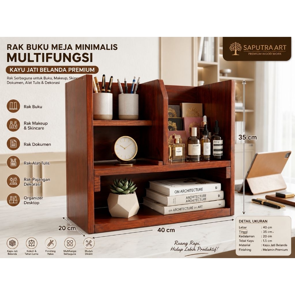 Rak Buku Meja Minimalis Multifungsi Kayu Jati Belanda Premium 40x20x35 cm | Organizer Meja Rak Skinc