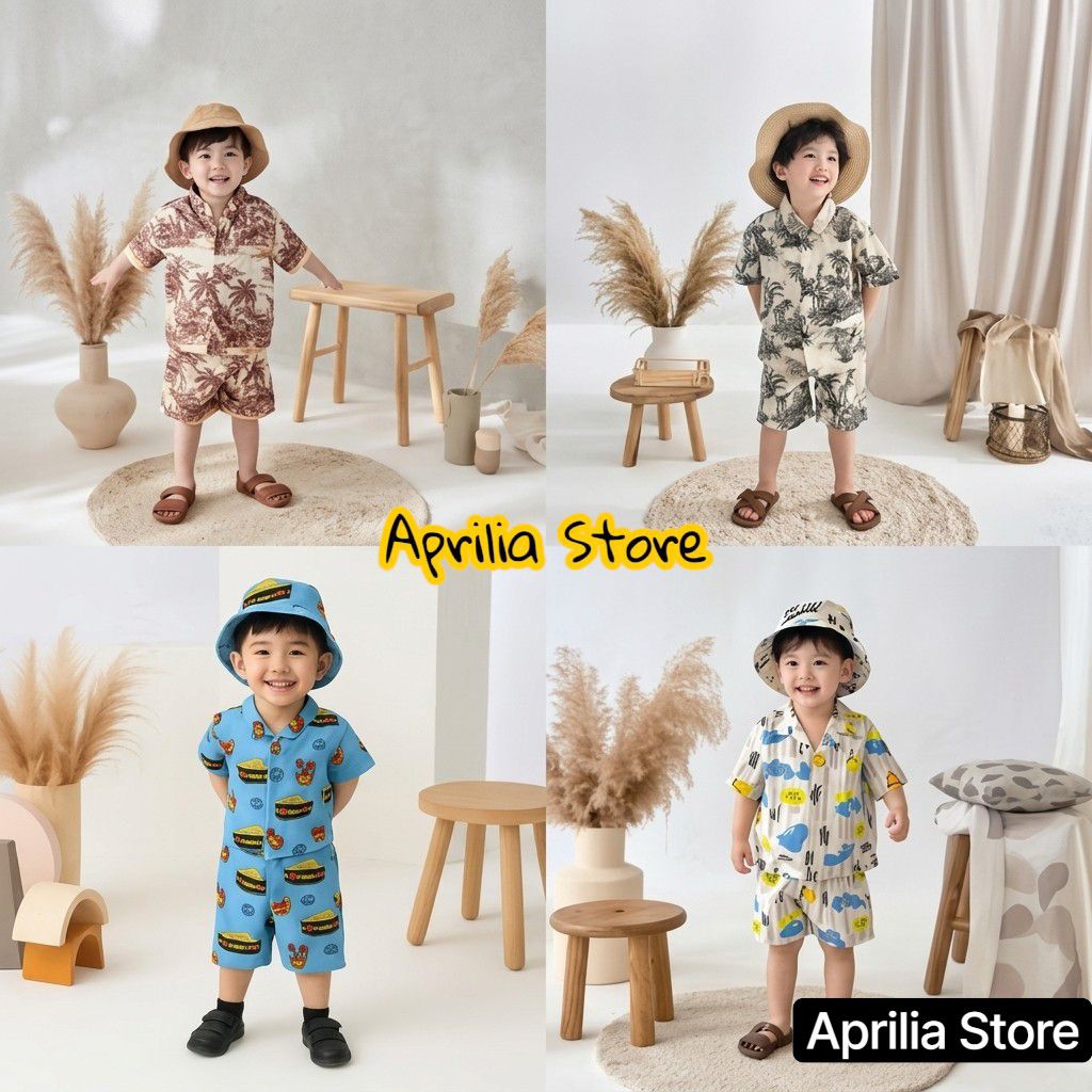 setelan anak plus topi laki-laki dan perempuan outfit liburan pantai usia 1-5 tahun bahan polimikro