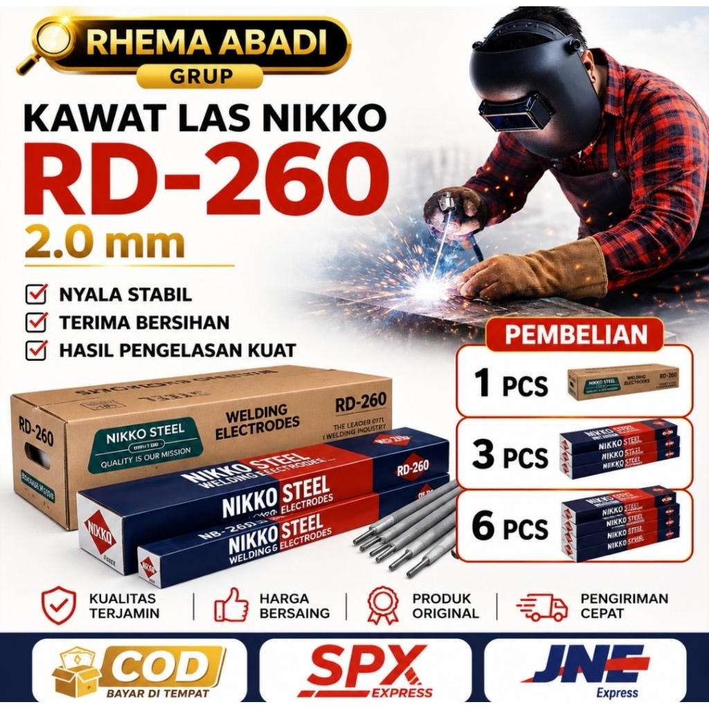HARGA GROSIR Kawat Las Nikko Steel RD260 Elektroda 2.0 mm x 300 mm – Kemasan 1 Kg