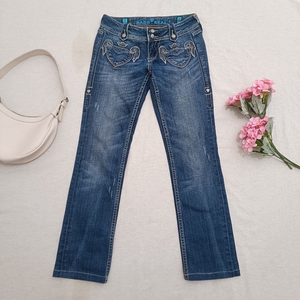 Celana Jeans Bootcut Y2K Gyaru Embroidery