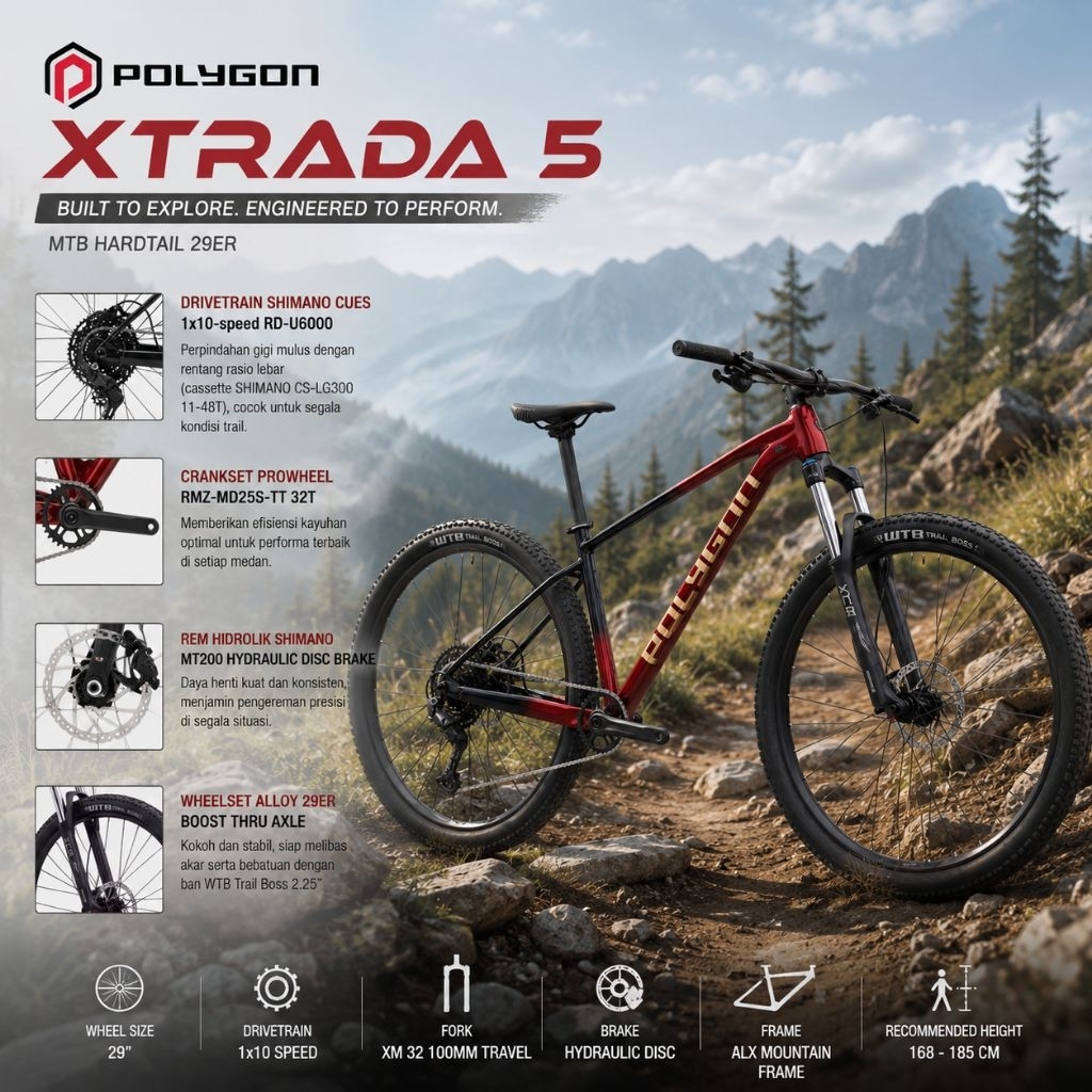 Sepeda Polygon Xtrada 5 FA Red/Black 29" 1 x 10 Speed New Series 2026