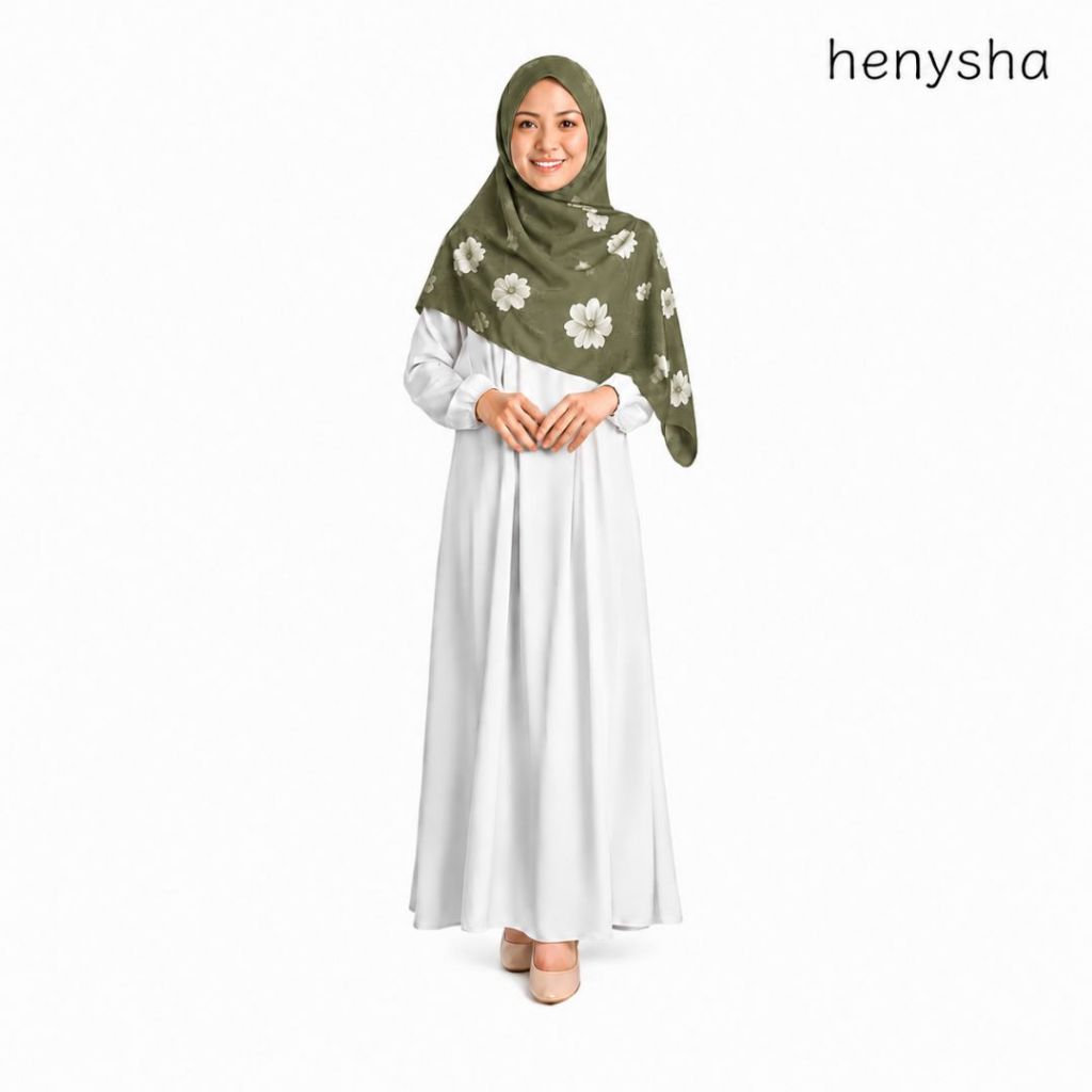 Henysha - Hijab Motif Segi Empat - Hijau Armi  Bunga