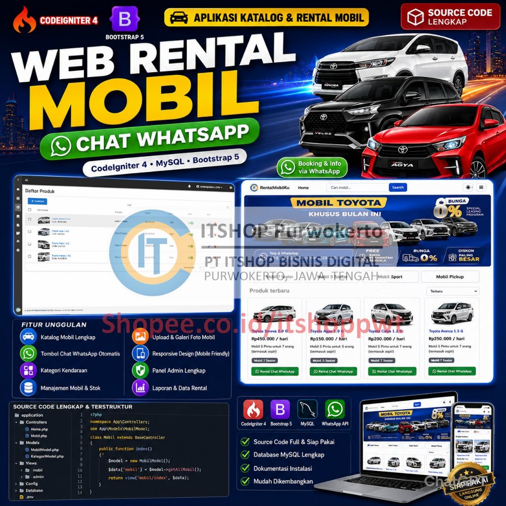 Source Code Aplikasi Web Rental Mobil Ada Tombol Chat menggunakan Codeigniter 4 MySQL Bootstrap 5