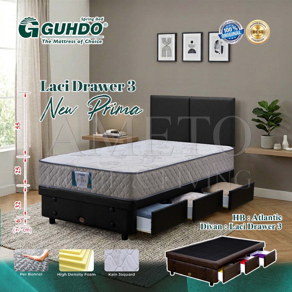 Guhdo Spring bed New Prima Spinal Spring T25, Divan Laci Drawer 3, HB Prospine, Atlantic 090 100 120