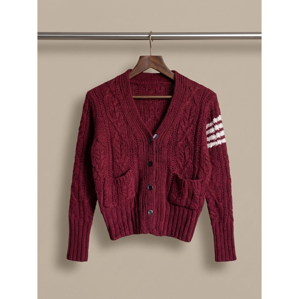 Mirip Thom Browne Luxury Cardigan Knitwear Rajut Kepang