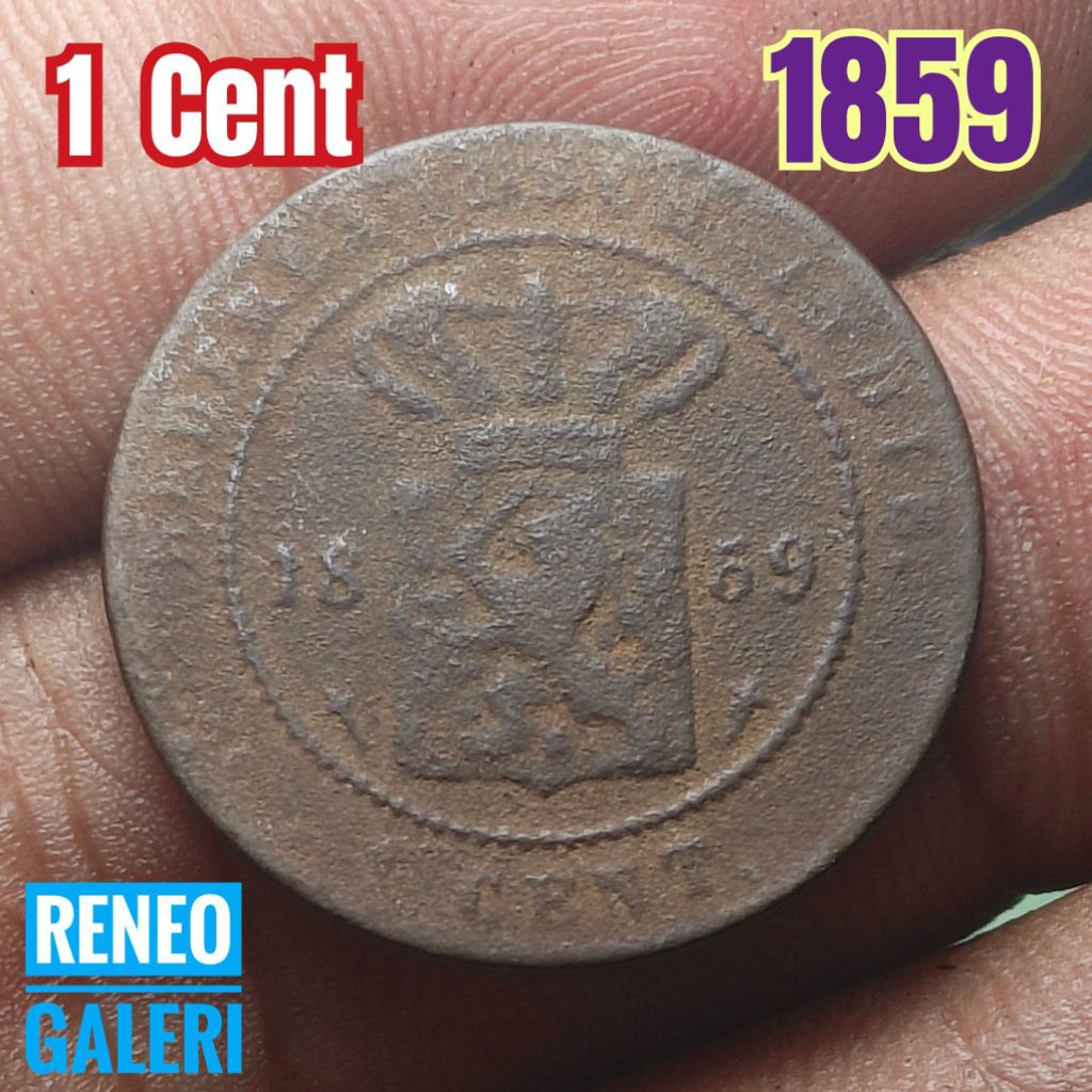1 Cent tahun 1859 asli korosi Netherlandsch Indie uang koin kuno sen buntu jaman Hindia Belanda duit
