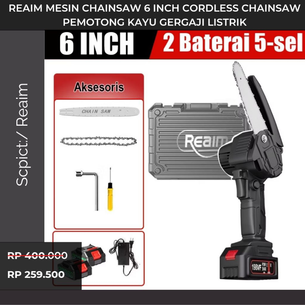 Promo Reaim Mesin Chainsaw 6 Inch Cordless Chainsaw Pemotong Kayu Gergaji Listrik Gergaji Baterai Ge