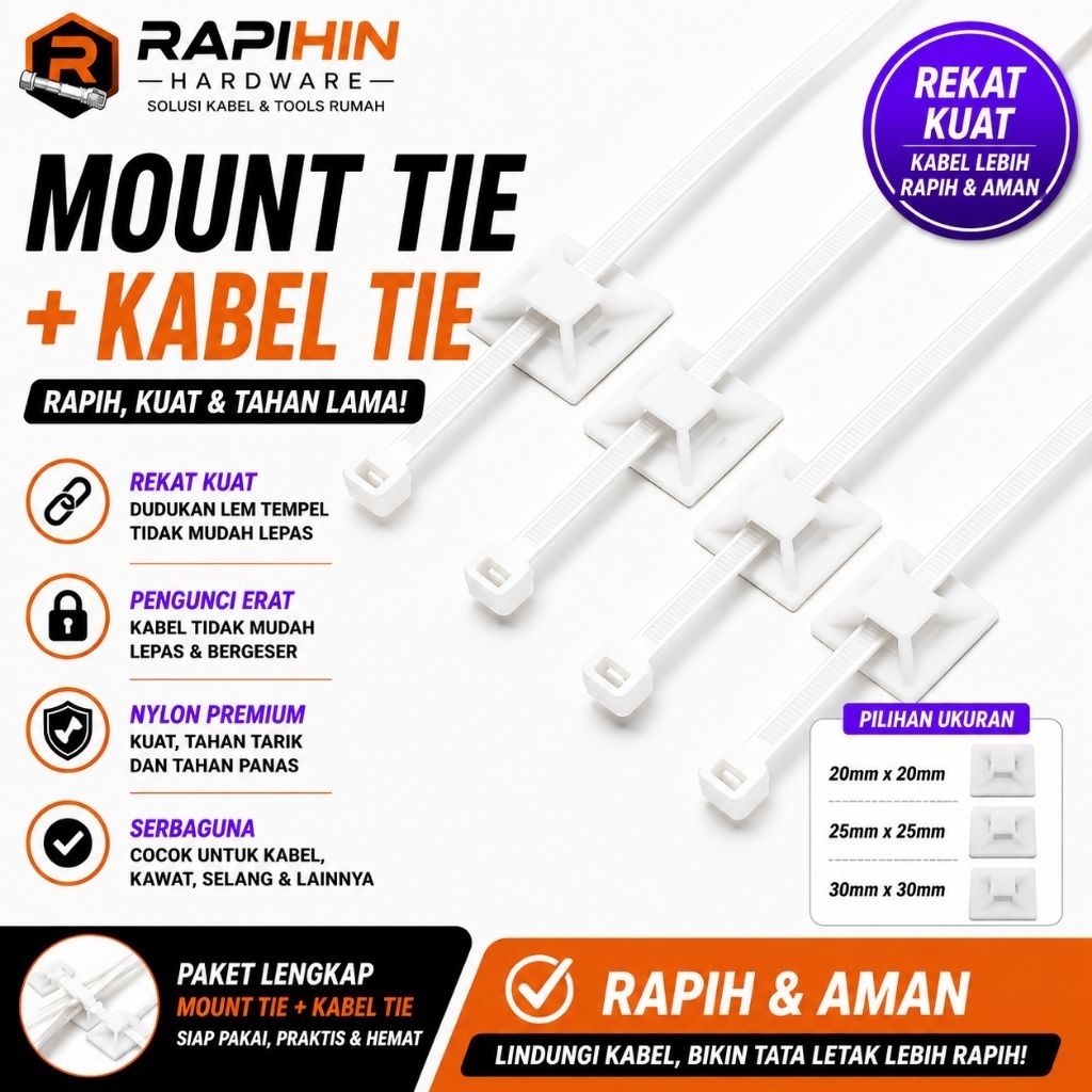 Mount Tie + Kabel Tie Serba guna 10/20pcs | Dudukan Kabel Tie Perekat Kabel Organizer Kabel
