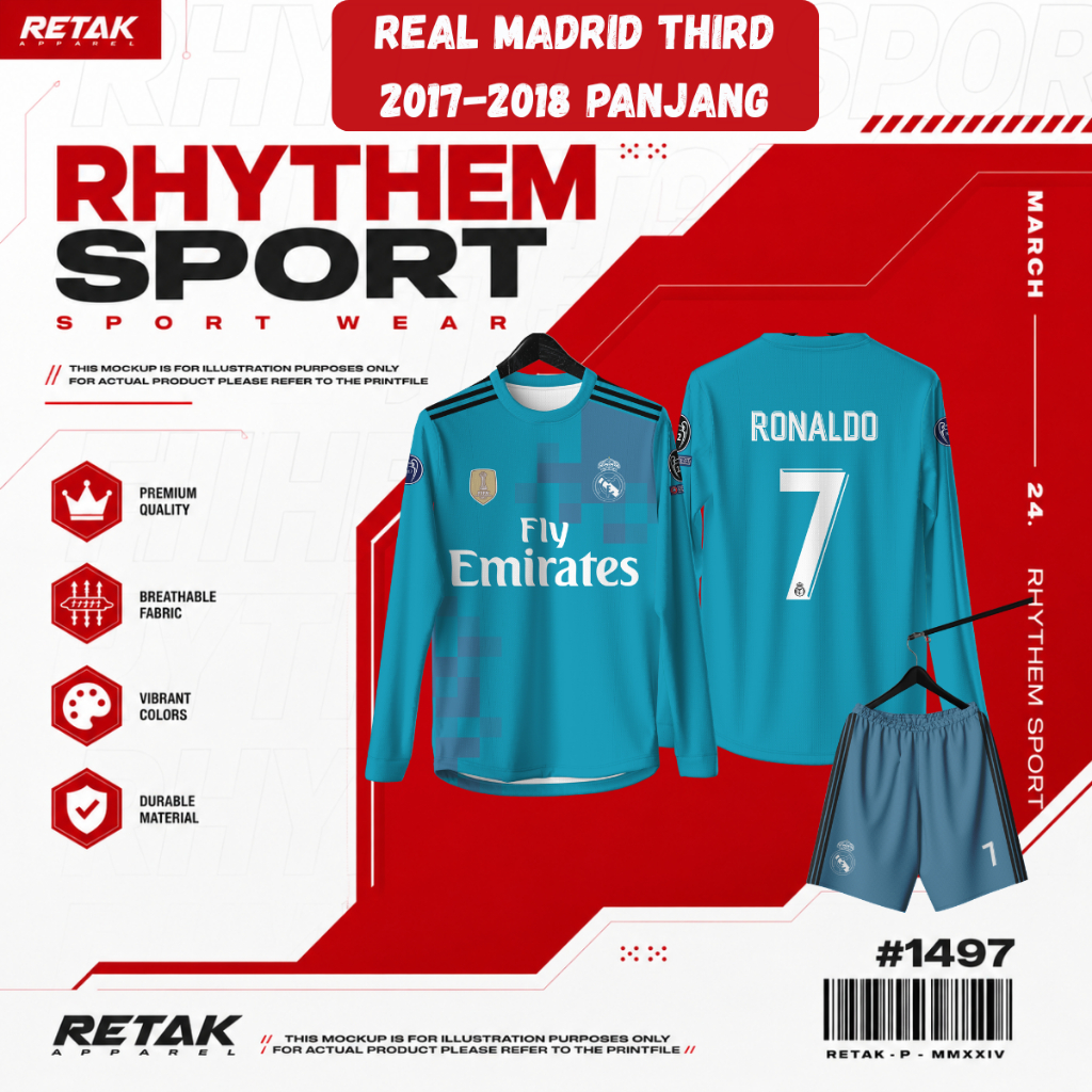 Jersey Bola REAL MADRID THIRD 2017-2018 PANJANG Free custom nama dan nomor untuk dewasa dan anak ana