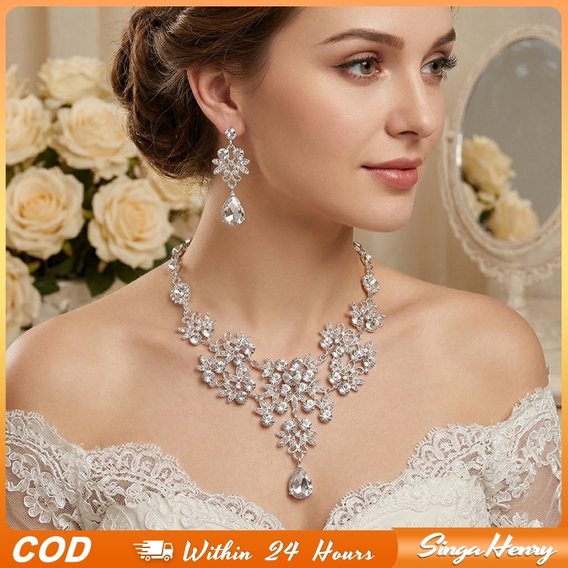 Set Perhiasan Pengantin Kalung dan Anting Warna Biru Ungu Putih untuk Pesta Pernikahan